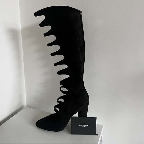 Saint Laurent black suede cut out cage Joplin 105 knee high boots - Picture 2 of 16